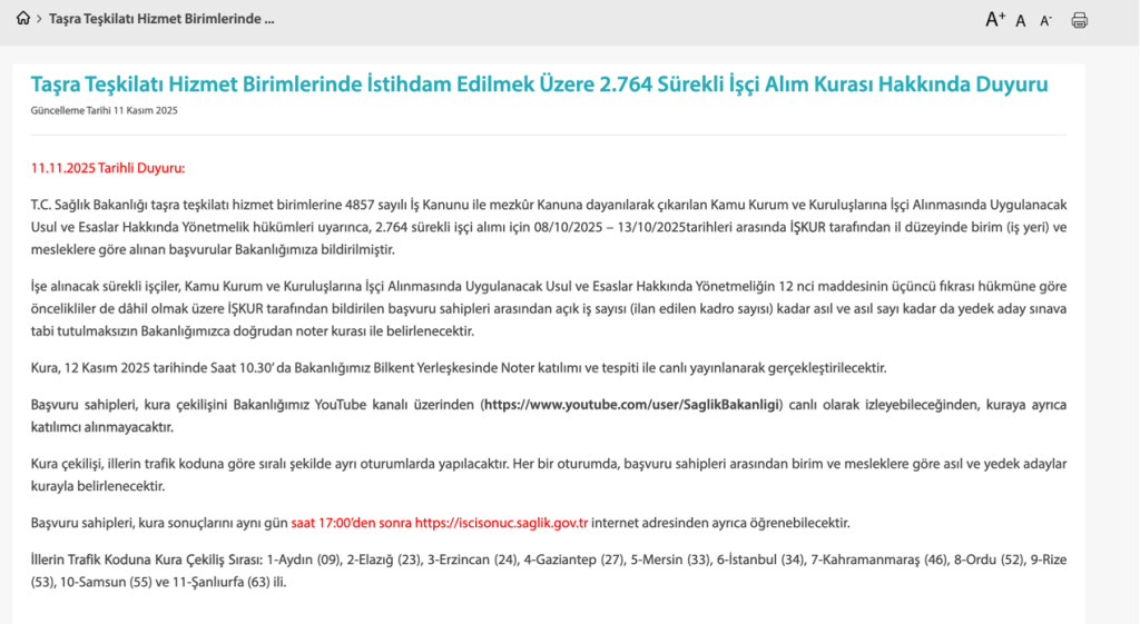 Sağlık Bakanlığı 2.764 Sürekli İşçi Alımı İçin Kura Duyurusu Yayınlandı! 1 image 115