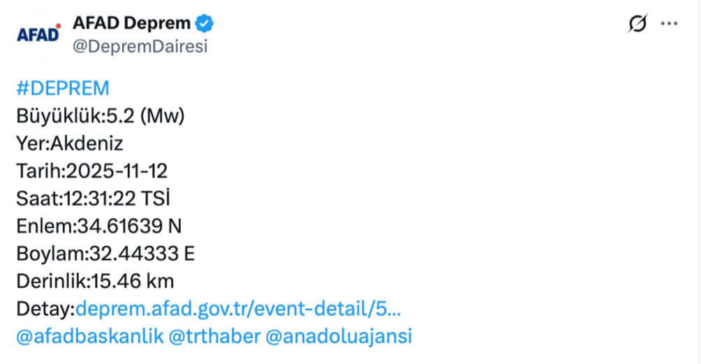 Akdeniz’de 5.2 Büyüklüğünde Deprem! AFAD’dan İlk Açıklama Geldi 1 image 116