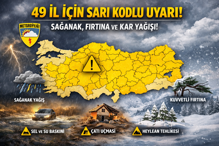 Meteoroloji’den 49 İl İçin Sarı Kodlu Uyarı! Sağanak, Fırtına ve Kar Geliyor